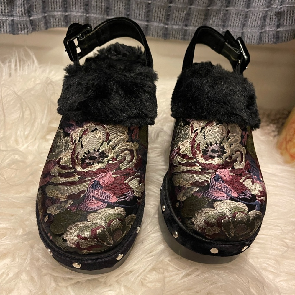 Brocade with Faux Fur Mule Clogs.